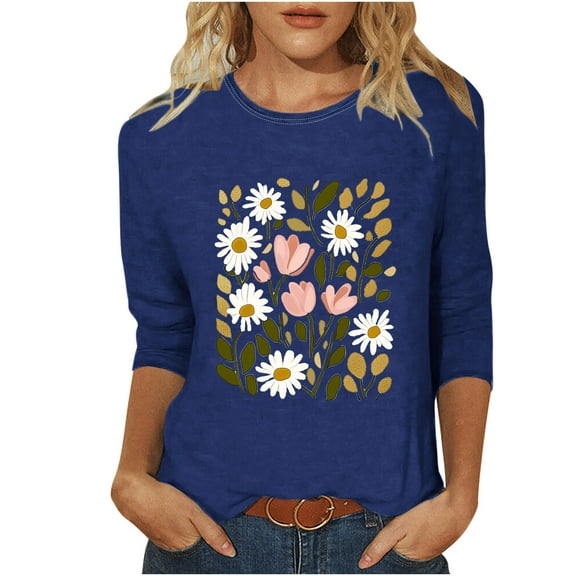 DeHolifer T-Shirts for Women 3/4 Sleeve Floral Printed Lightweight Summer Trendy Short Sleeve T-Shirts Blue S
