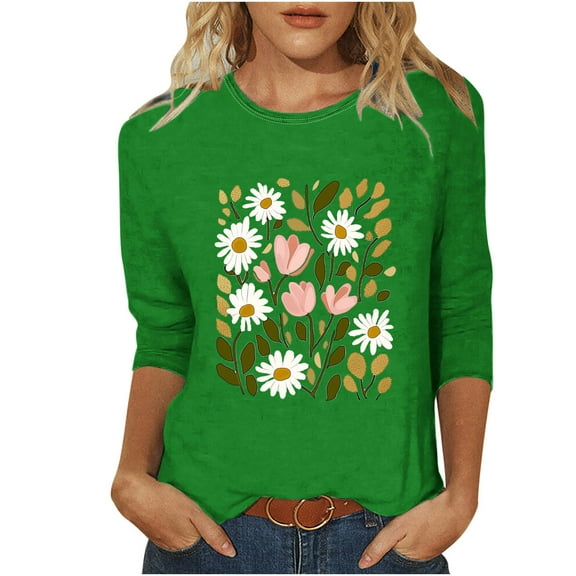 DeHolifer T-Shirts for Women 3/4 Sleeve Floral Printed Lightweight Summer Trendy Short Sleeve T-Shirts Green S