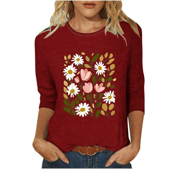 DeHolifer T-Shirts for Women 3/4 Sleeve Floral Printed Lightweight Summer Trendy Short Sleeve T-Shirts Red XL