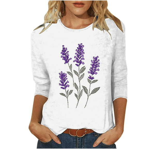 DeHolifer T-Shirts for Women 3/4 Sleeve Floral Printed Lightweight Summer Trendy Short Sleeve T-Shirts White 2XL