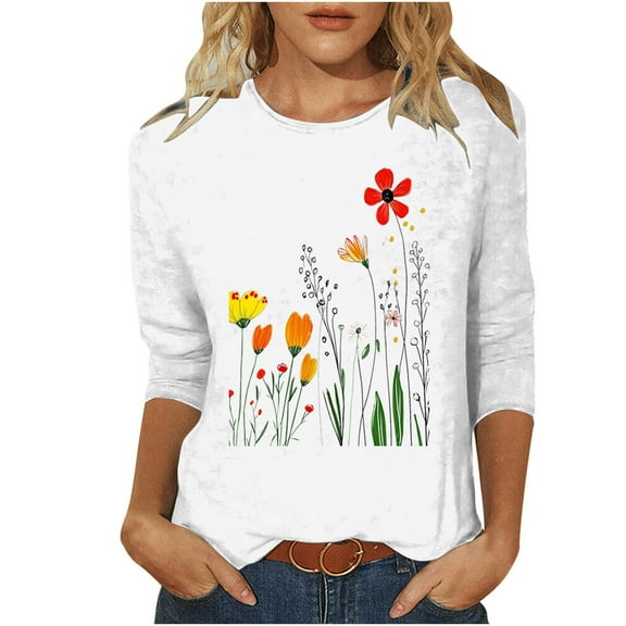DeHolifer T-Shirts for Women 3/4 Sleeve Floral Printed Lightweight Summer Trendy Short Sleeve T-Shirts White 2XL