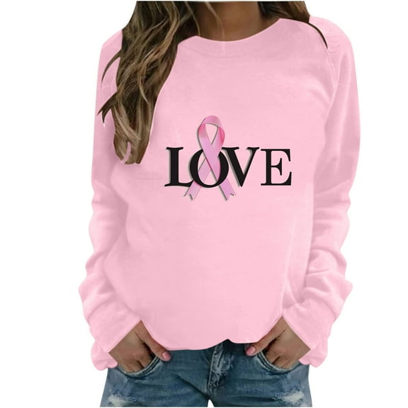 DeHolifer T-Shirts for Women Breast Cancer Print Crewneck Long Sleeve Loose Casual Blouse Tops Pink M