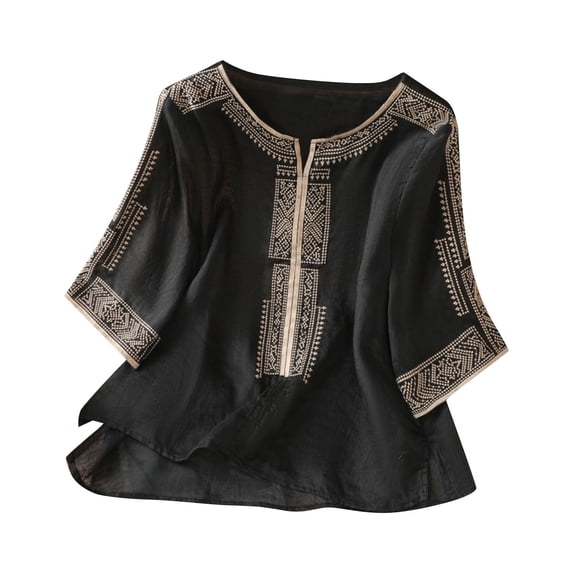 DeHolifer T-Shirts for Women Cotton Linen 3/4 Sleeve Embroidered Retro Printed Crewneck Casual Loose Blouse Black 2XL