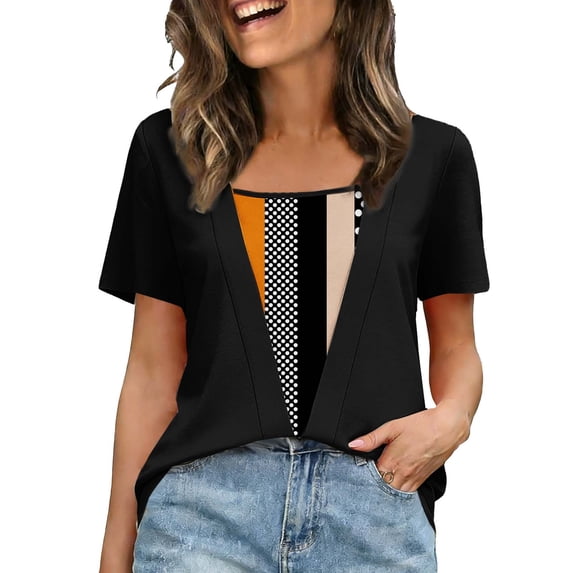 DeHolifer T-Shirts for Women Crewneck Casual Printed Summer Trendy Short Sleeve Fake Two Piece Tee Tops Black 3XL