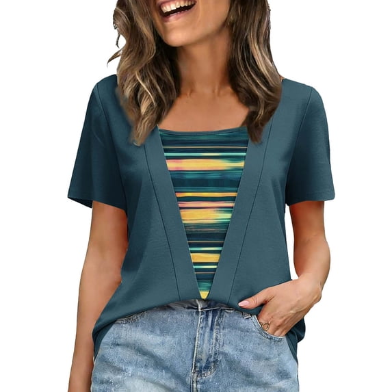 DeHolifer T-Shirts for Women Crewneck Casual Printed Summer Trendy Short Sleeve Fake Two Piece Tee Tops Navy L