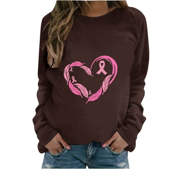 DeHolifer T-Shirts for Women Crewneck Long Sleeve Breast Cancer Print Fall Fashion Sweatshirt Pullover Tops Brown S