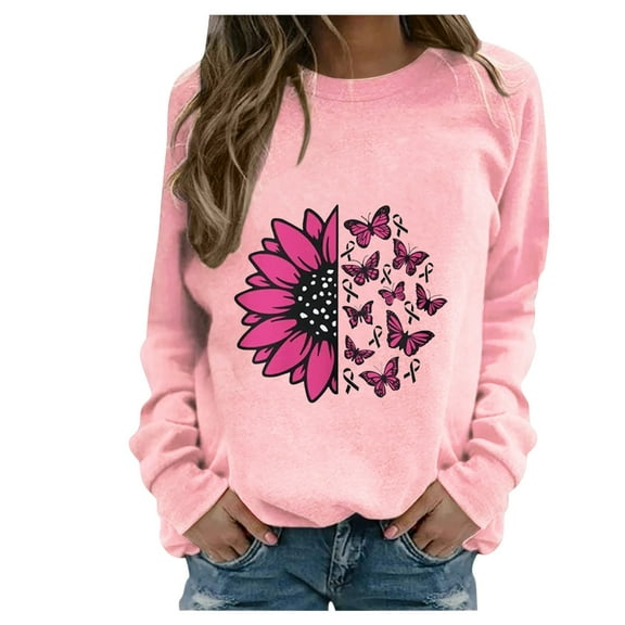 DeHolifer T-Shirts for Women Crewneck Long Sleeve Breast Cancer Print Fall Fashion Sweatshirt Pullover Tops Pink M