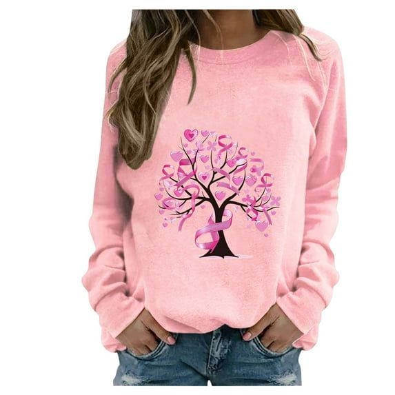 DeHolifer T-Shirts for Women Crewneck Long Sleeve Breast Cancer Print Fall Fashion Sweatshirt Pullover Tops Pink XL
