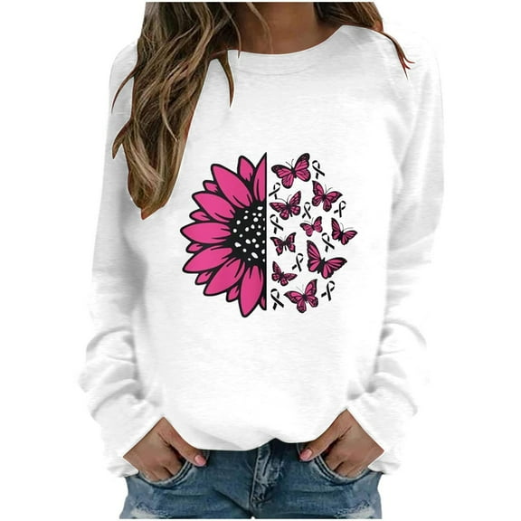 DeHolifer T-Shirts for Women Crewneck Long Sleeve Breast Cancer Print Fall Fashion Sweatshirt Pullover Tops White L