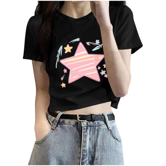 DeHolifer T-Shirts for Women Crewneck Star Printed Casual Summer Lightweight Short Sleeve Tee Tops Black L