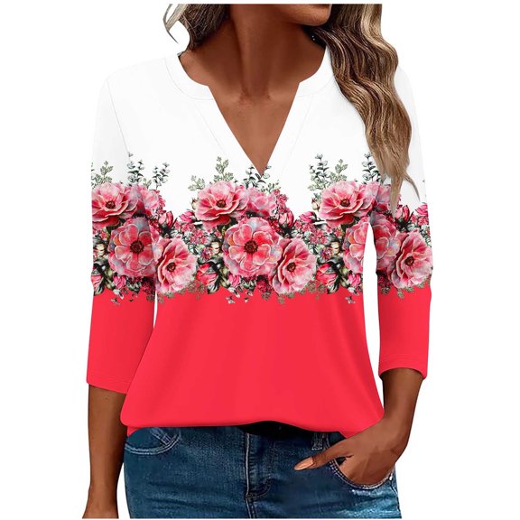 DeHolifer T-Shirts for Women Fall 3/4 Sleeve V-Neck Floral Print Casual Blouse Tops Loose Comfy Tee Hot Pink 2XL