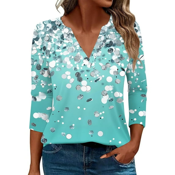 DeHolifer T-Shirts for Women Fall 3/4 Sleeve V-Neck Floral Print Casual Blouse Tops Loose Comfy Tee Light Blue 5XL