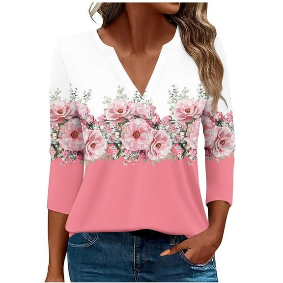 DeHolifer T-Shirts for Women Fall 3/4 Sleeve V-Neck Floral Print Casual Blouse Tops Loose Comfy Tee Pink L