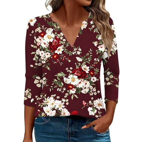 DeHolifer T-Shirts for Women Fall 3/4 Sleeve V-Neck Floral Print Casual Blouse Tops Loose Comfy Tee Wine 3XL