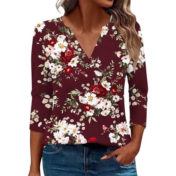 DeHolifer T-Shirts for Women Fall 3/4 Sleeve V-Neck Floral Print Casual Blouse Tops Loose Comfy Tee Wine S