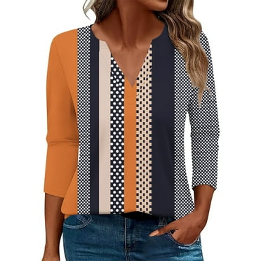 DeHolifer T-Shirts for Women Fall 3/4 Sleeve V-Neck Strip Print Casual Blouse Tops Loose Comfy Tee Brown 4XL