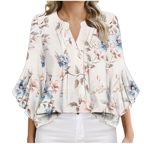 DeHolifer T-Shirts for Women Floral Printed V-Neck 3/4 Sleeve Summer Casual Dressy Tee T-Shirts Beige XL