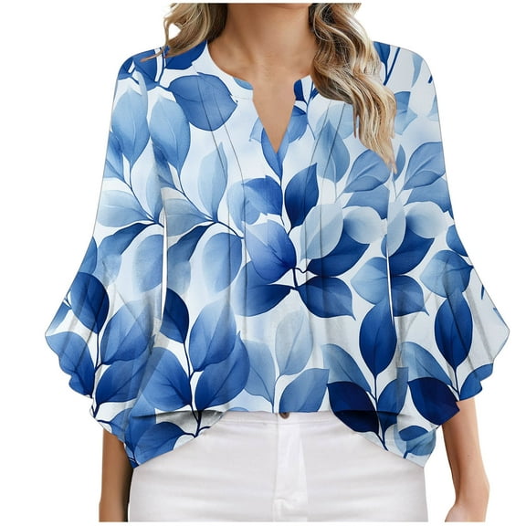 DeHolifer T-Shirts for Women Floral Printed V-Neck 3/4 Sleeve Summer Casual Dressy Tee T-Shirts Blue L