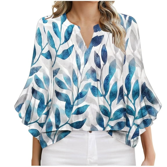 DeHolifer T-Shirts for Women Floral Printed V-Neck 3/4 Sleeve Summer Casual Dressy Tee T-Shirts Blue L