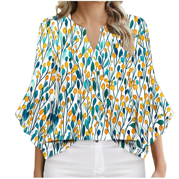 DeHolifer T-Shirts for Women Floral Printed V-Neck 3/4 Sleeve Summer Casual Dressy Tee T-Shirts Green XL