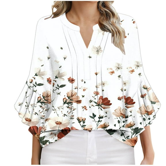 DeHolifer T-Shirts for Women Floral Printed V-Neck 3/4 Sleeve Summer Casual Dressy Tee T-Shirts Pink 2XL