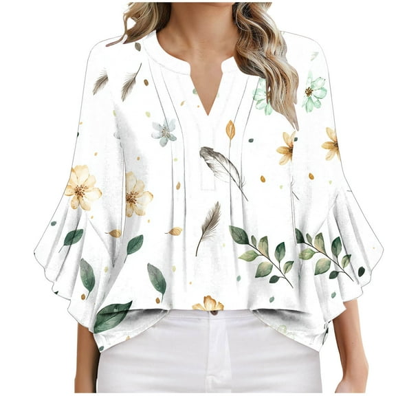 DeHolifer T-Shirts for Women Floral Printed V-Neck 3/4 Sleeve Summer Casual Dressy Tee T-Shirts White M