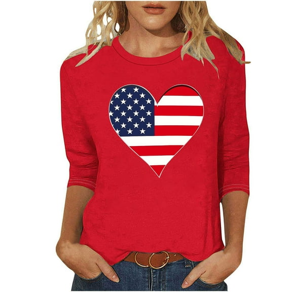 DeHolifer T-Shirts for Women Independence Day Printed Crewneck 3/4 Sleeve Tee Tops Lightweight Comfy T-Shirts Red M