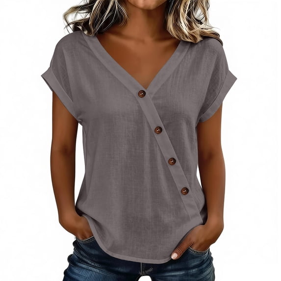 DeHolifer T-Shirts for Women Loose V-Neck Button Solid Color Cotton Linen Tee Tops Gray 2XL