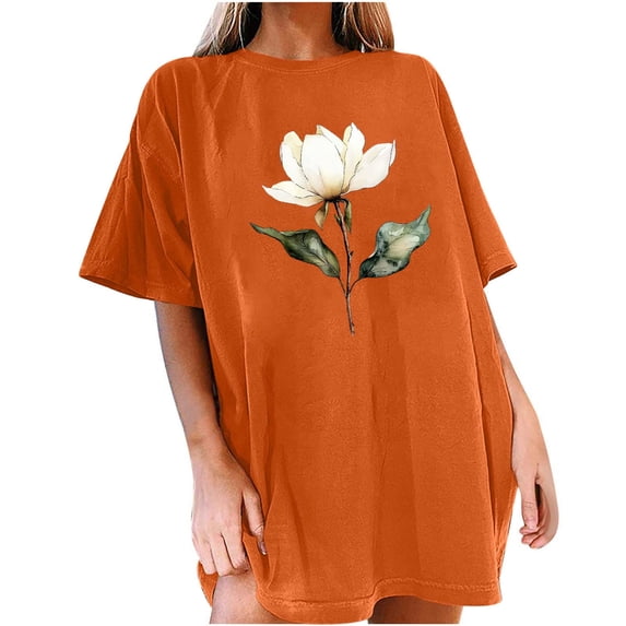 DeHolifer T-Shirts for Women Oversized Vintage Floral T-Shirts Graphic Tees Summer Casual Loose Beach Tops Orange XL