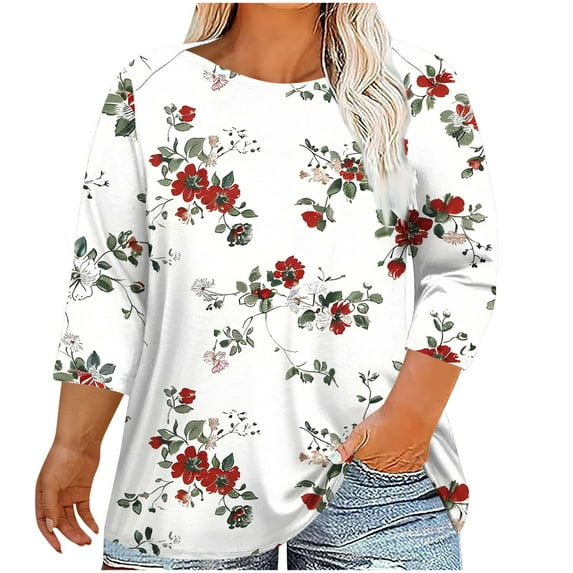 DeHolifer T-Shirts for Women Plus Size 3/4 Sleeve Floral Printed Crewneck Summer Trendy Loose Blouse T-Shirts White XL