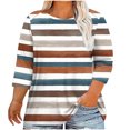 thumbnail image 1 of QQAMB T-Shirts for Women Plus Size 3/4 Sleeve Strip Printed Crewneck Summer Trendy Loose Blouse T-Shirts Brown 5XL, 1 of 5