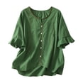 thumbnail image 1 of DeHolifer T-Shirts for Women Plus Size Cotton Linen Half Ruffle Sleeve Embroidered Crewneck Casual Loose T-Shirts Green XL, 1 of 7