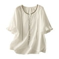 thumbnail image 1 of DeHolifer T-Shirts for Women Plus Size Cotton Linen Half Ruffle Sleeve Embroidered Crewneck Casual Loose T-Shirts White XL, 1 of 8