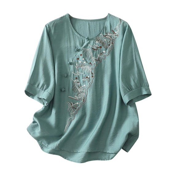 DeHolifer T-Shirts for Women Plus Size Cotton Linen Half Sleeve Embroidered Crewneck Casual Loose Blouse Light Blue XL