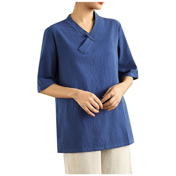 DeHolifer T-Shirts for Women Plus Size Cotton Linen Summer Trendy V-Neck Embroidery Pritned Loose Comfy T-Shirts Navy L
