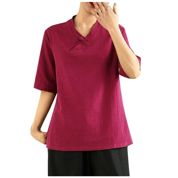 DeHolifer T-Shirts for Women Plus Size Cotton Linen Summer Trendy V-Neck Embroidery Pritned Loose Comfy T-Shirts Wine XL