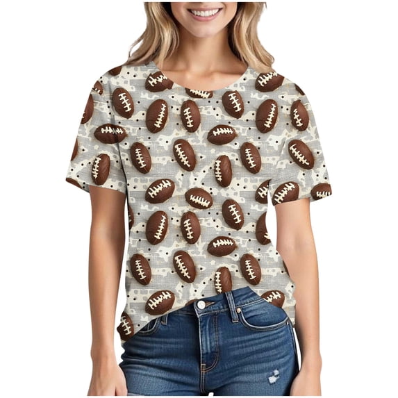 DeHolifer T-Shirts for Women Plus Size Crewneck Football Printed Casual Summer Short Sleeve Tee Tops Beige M