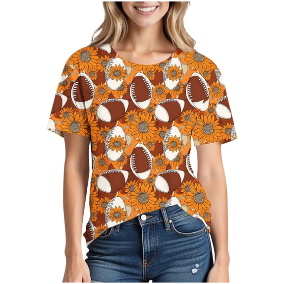 DeHolifer T-Shirts for Women Plus Size Crewneck Football Printed Casual Summer Short Sleeve Tee Tops Orange 4XL