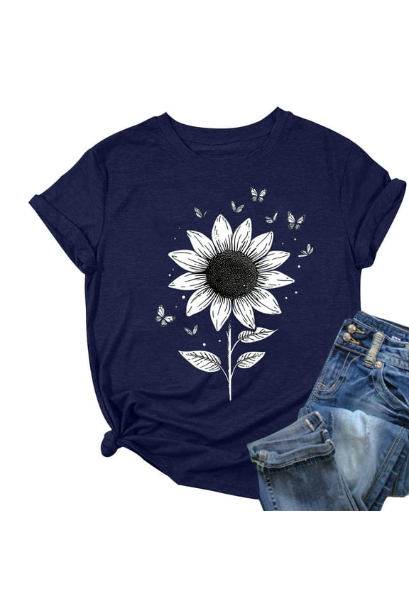 T-Shirts for Women Plus Size Daisy Graphic Printed Summer Trendy Crewneck Short Sleeve Tee Tops Dark Blue 3XL