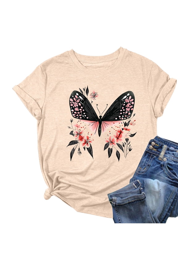 T-Shirts for Women Plus Size Daisy Graphic Printed Summer Trendy Crewneck Short Sleeve Tee Tops Khaki 3XL