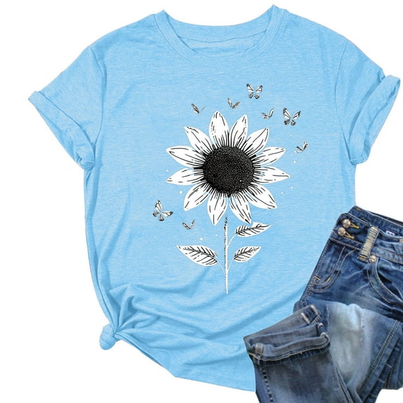 QQAMB T-Shirts for Women Plus Size Daisy Graphic Printed Summer Trendy Crewneck Short Sleeve Tee Tops Light Blue 3XL