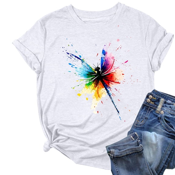 DeHolifer T-Shirts for Women Plus Size Dragonfly Graphic Printed Summer Trendy Crewneck Short Sleeve Tee Tops White 2XL