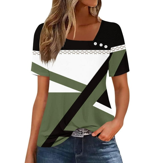 QQAMB T-Shirts for Women Plus Size Suqare Neck Color Block Casual Summer Loose Short Sleeve Blouse Shirts Green 3XL