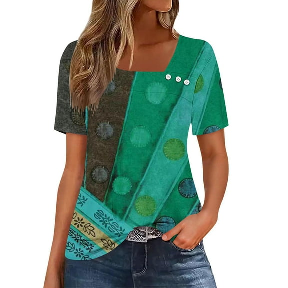 QQAMB T-Shirts for Women Plus Size Suqare Neck Floral Printed Casual Summer Loose Short Sleeve Blouse Shirts Green 3XL