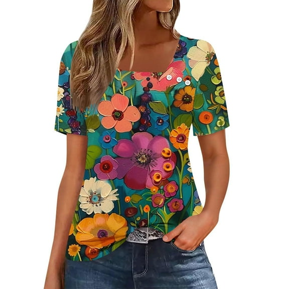 QQAMB T-Shirts for Women Plus Size Suqare Neck Floral Printed Casual Summer Loose Short Sleeve Blouse Shirts Multicolor 3XL