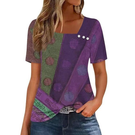 QQAMB T-Shirts for Women Plus Size Suqare Neck Floral Printed Casual Summer Loose Short Sleeve Blouse Shirts Purple S