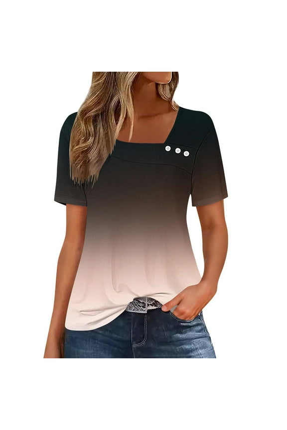 T-Shirts for Women Plus Size Suqare Neck Gradient Color Casual Summer Loose Short Sleeve Blouse Shirts Rose Gold 2XL