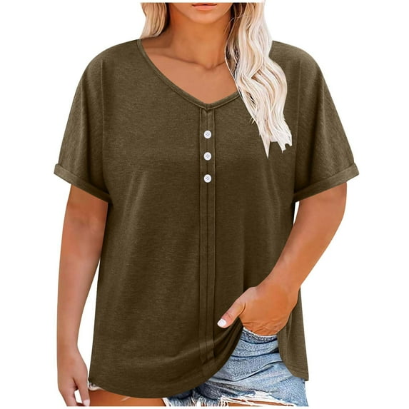 DeHolifer T-Shirts for Women Plus Size Top Casual V-Neck Button Solid Color Loose Short Sleeve Blouse T-Shirts Coffee XL
