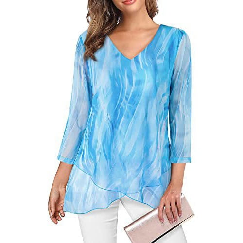 DeHolifer T-Shirts for Women Plus Size V-Neck Novelty Printed 3/4 Sleeve Casual Loose Tunic Tops Sky Blue M