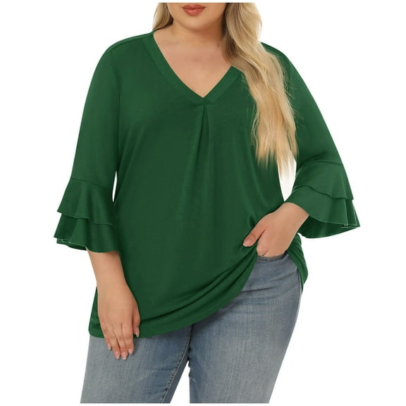 QQAMB T-Shirts for Women Plus Size V-Neck Solid Color 3/4 Sleeve Ruffle Sleeve Lightweight Summer Tee Tops Green 2XL